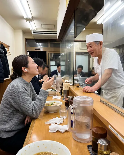 A traveler wearing earbuds at a ramen counter in Tokyo while the chef talks to her