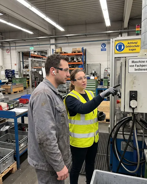 A visitor wearing earbuds on a factory tour in Germany