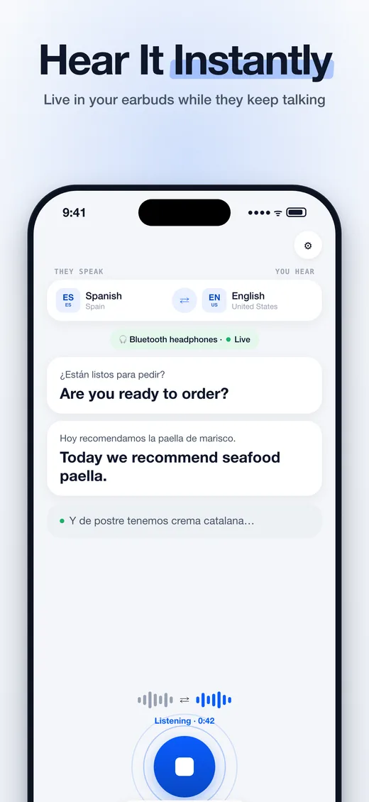 The Listen tab: Spanish phrases with English translations as they are heard