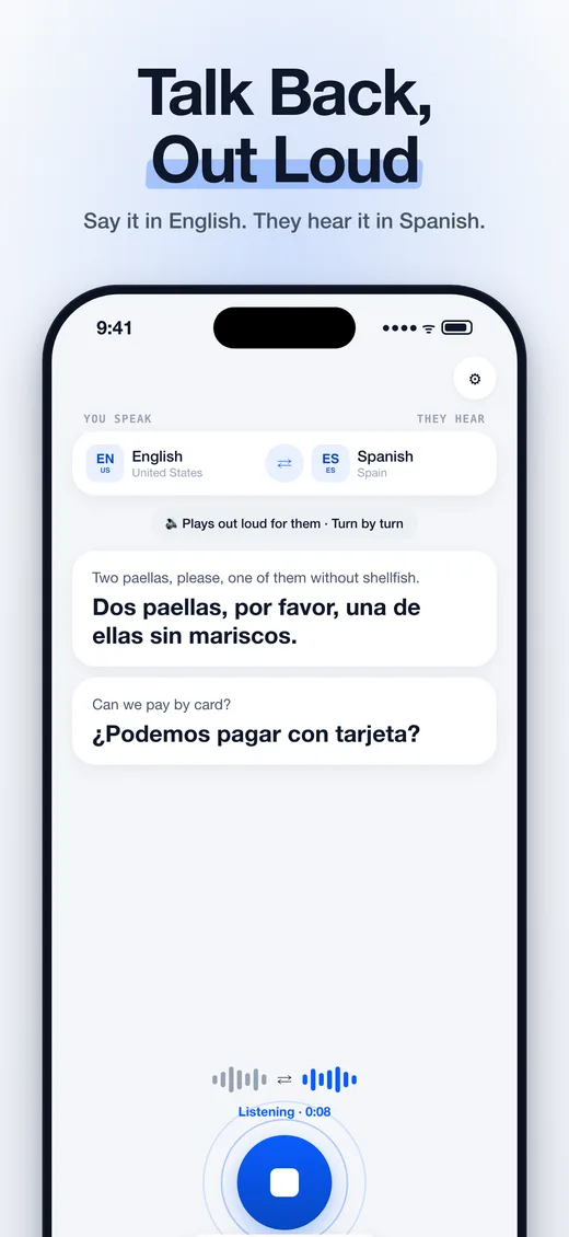 The Speak tab: your reply is said out loud in their language